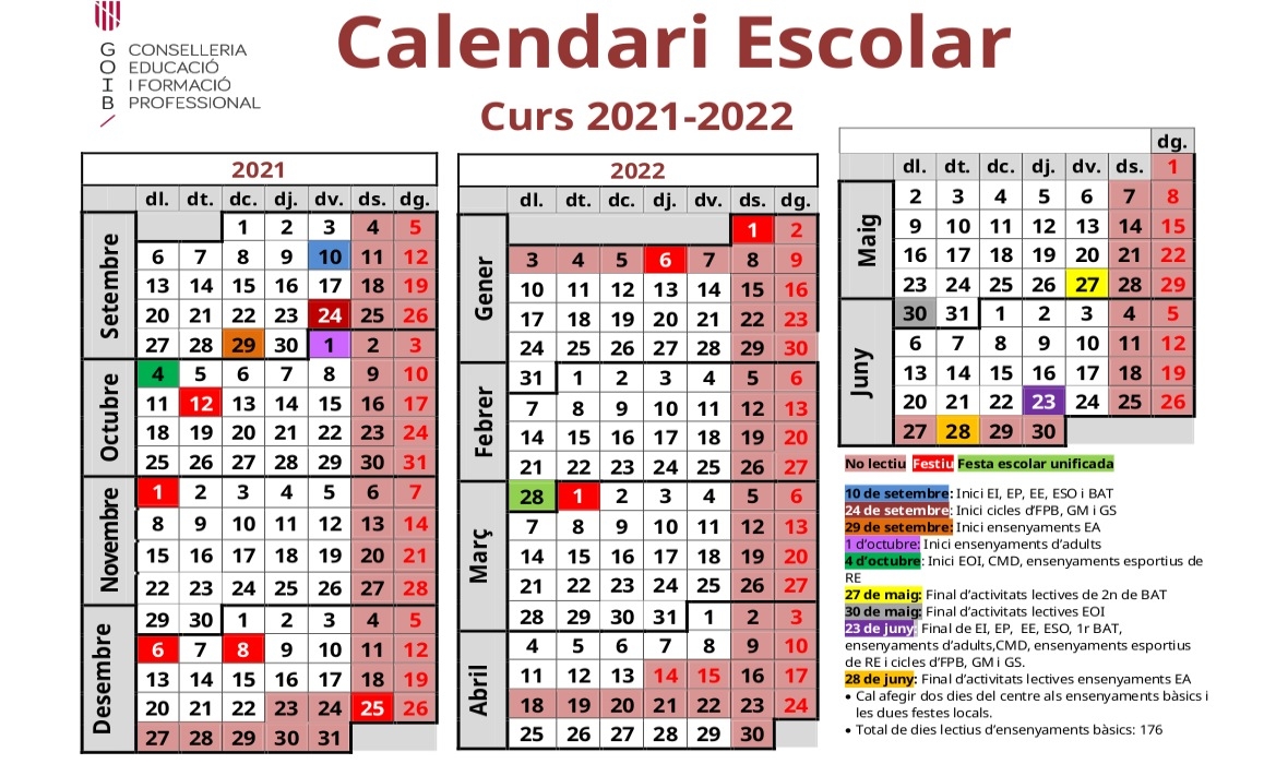 Calendario escolar de Islas Baleares 2021-2022